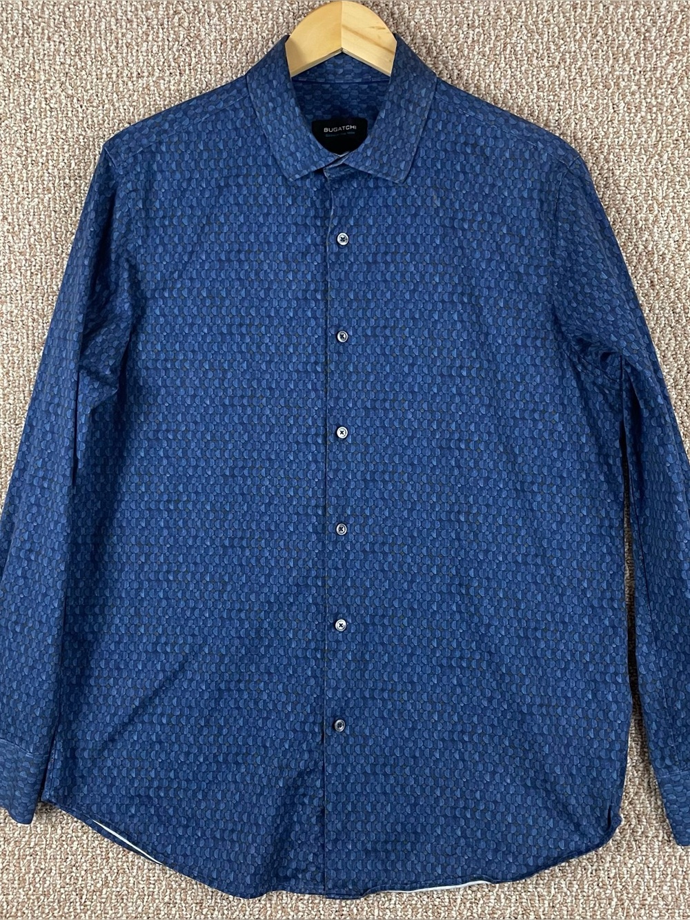 Bugatchi Shirt Mens Large Blue Ooohcotton Tech 8 Way Stretch Abstract F271